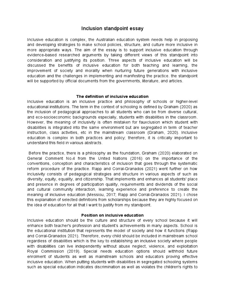 Inclusion Standpoint Essay Pdf Inclusion Education Disability
