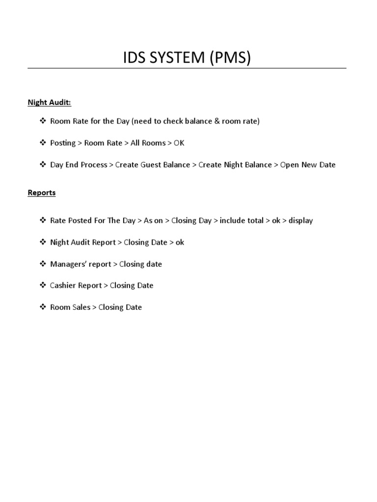 Night Audit Process in IDS PMS | PDF