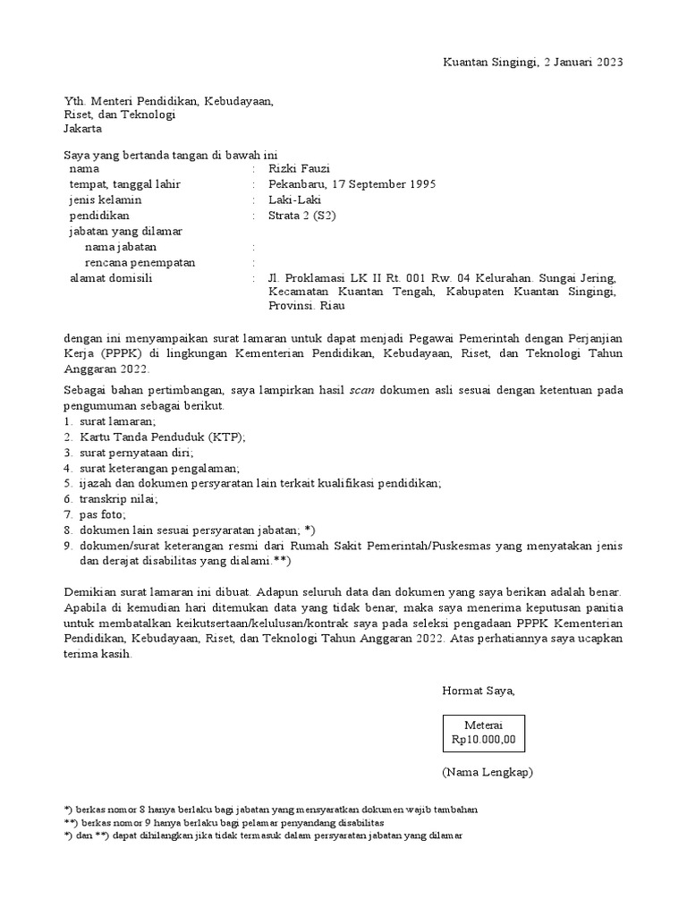 01 Format Surat Lamaran Seleksi PPPK Kemdikbudristek 2022 | PDF