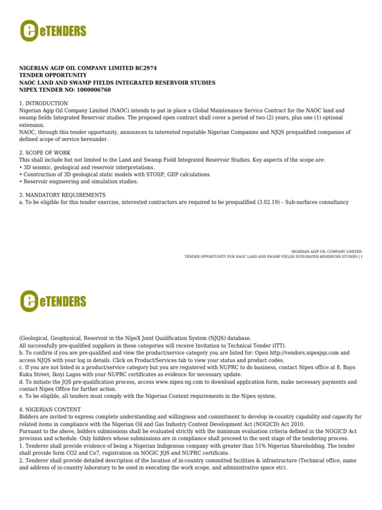 NIGERIAN AGIP OIL COMPANY LIMITED BR TENDER OPPORTUNITY FOR NAOC LAND