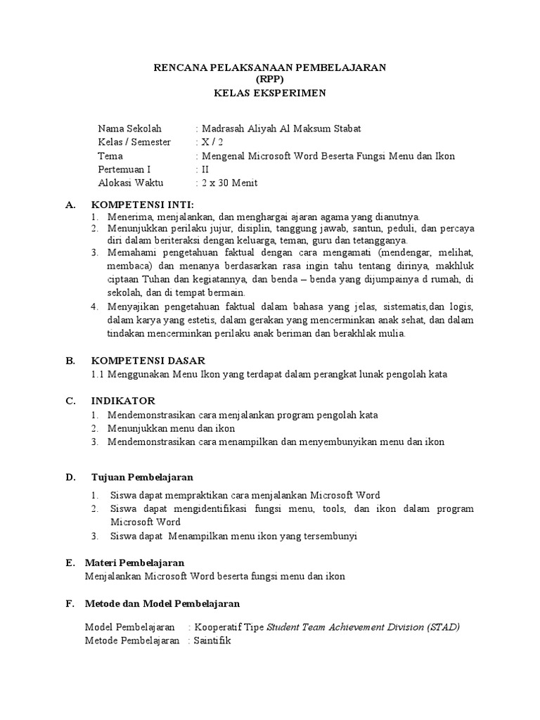 B. RPP Menjalankan Microsoft Word Beserta Fungsi Menu Ikon | PDF