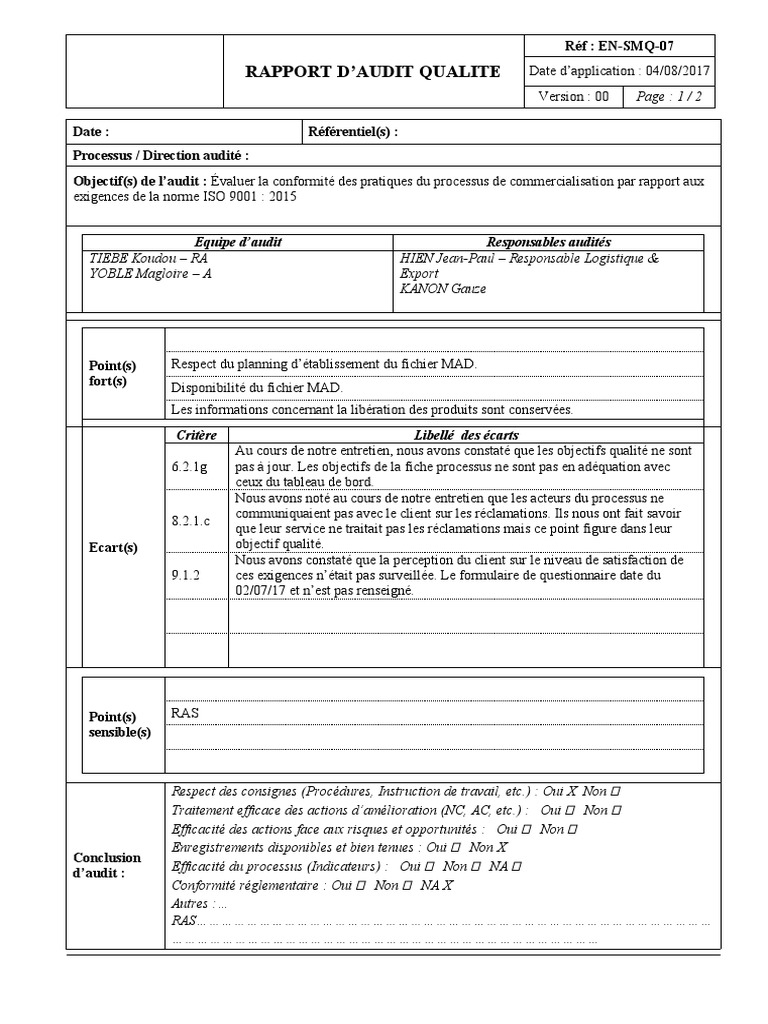 Rapport d'Audit Qualité ISO 9001:2015 | PDF | Audit | Business