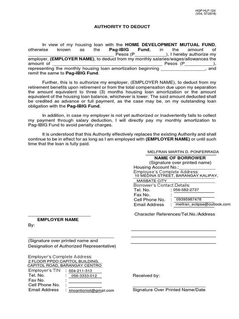Pag-IBIG Authority to Deduct Form | PDF | Loans | Employment