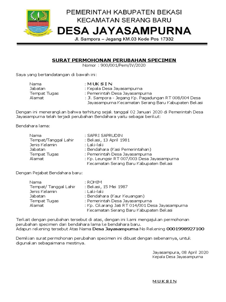 Surat Permohonan Perubahan Specimen Bank PDF