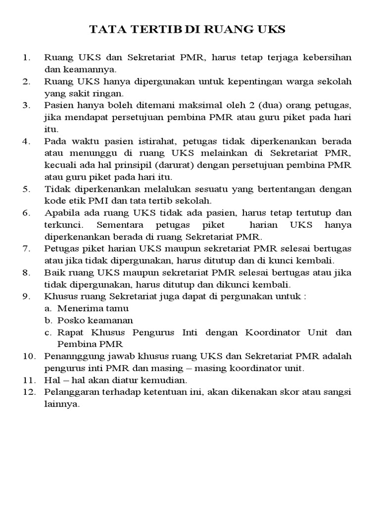 Tata Tertib Ruang UKS Sekolah | PDF