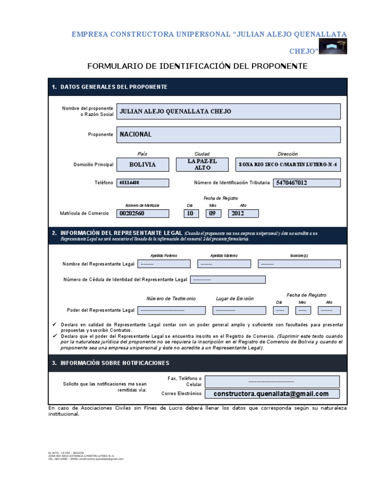 Formulario de Identificación Del Proponente | PDF | Bolivia | Business