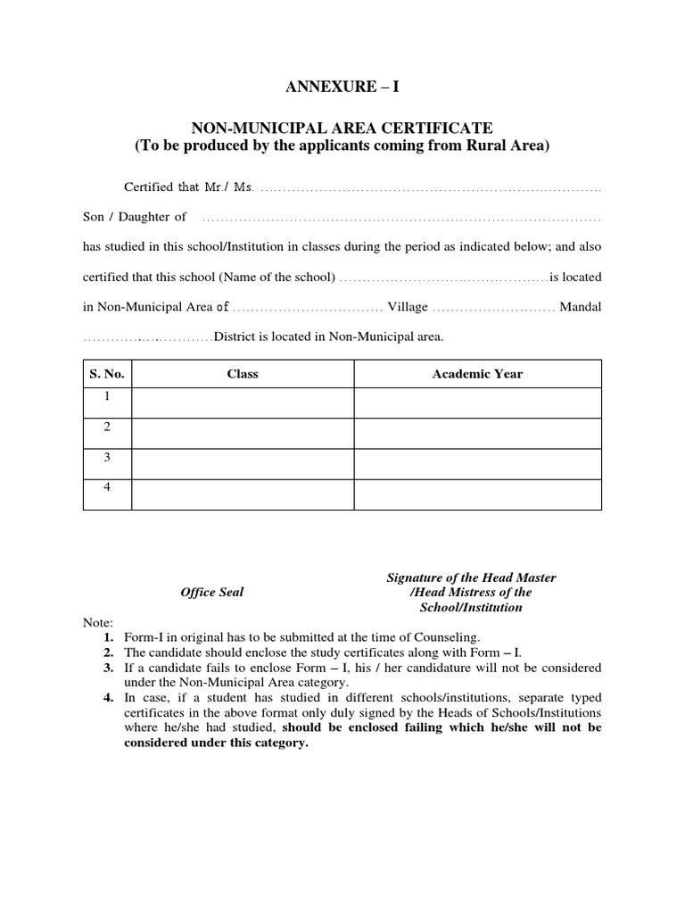 Non-Municipal Area Certificate Form | PDF