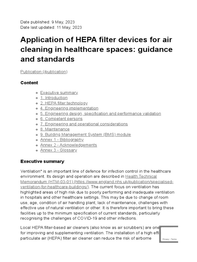 HEPA Filter Guidance for Healthcare Use | PDF