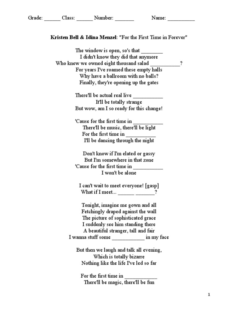 Kristen Bell Idina Menzel For The First Time In Forever Gap Fill Pdf