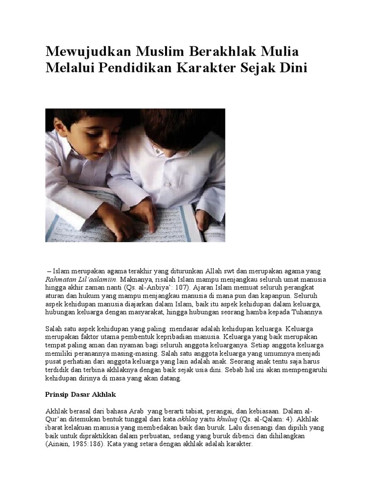 Berakhlak Mulia Melalui Pendidikan Karakter Sejak Dini | PDF