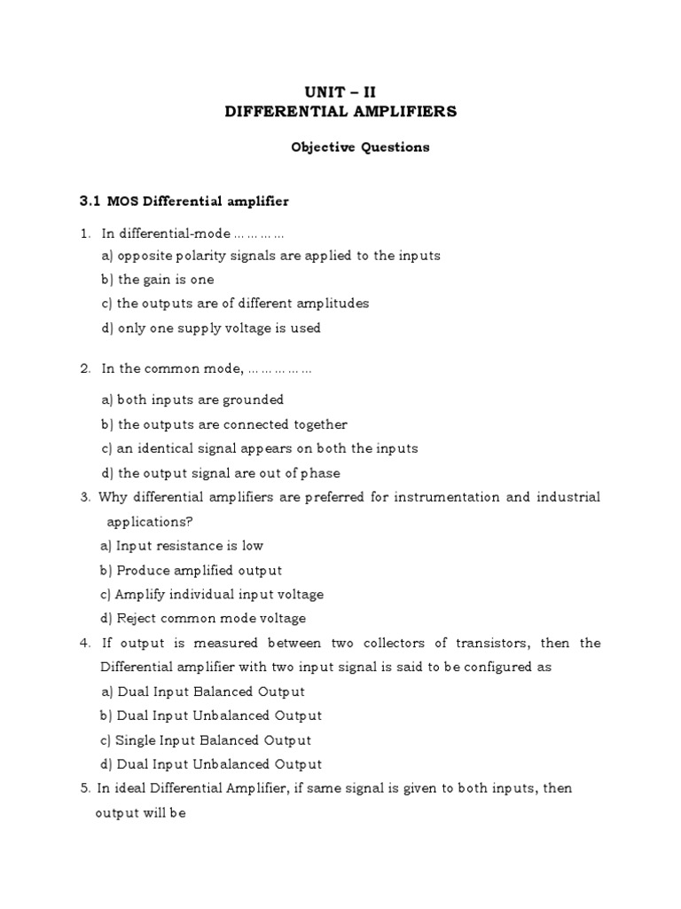 Unit 2 Diff Amp Objective Questions Download Free PDF Amplifier