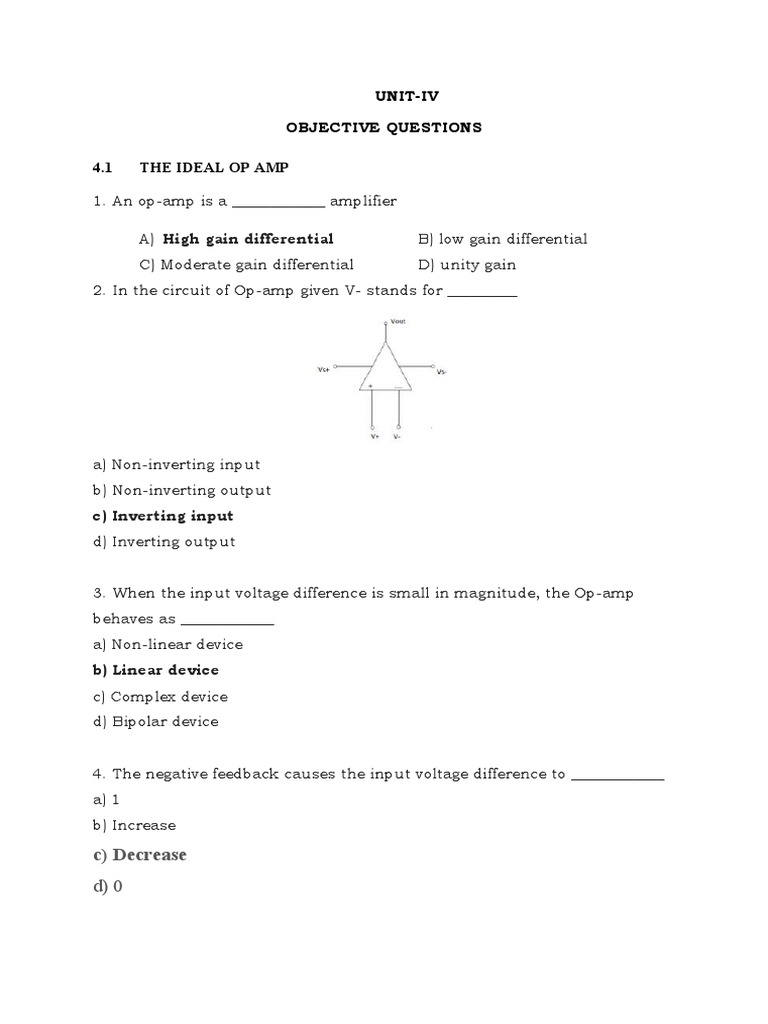 Unit 4 Objective Questions PDF Operational Amplifier Amplifier