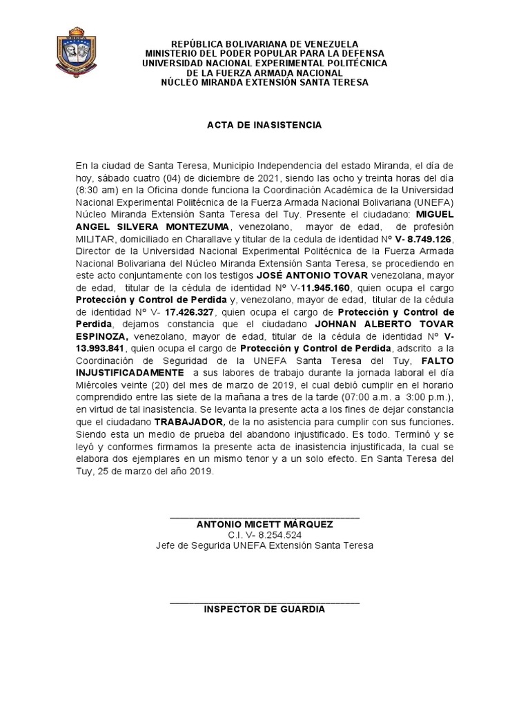 Acta de Inasistencia | PDF | Venezuela | América del Sur