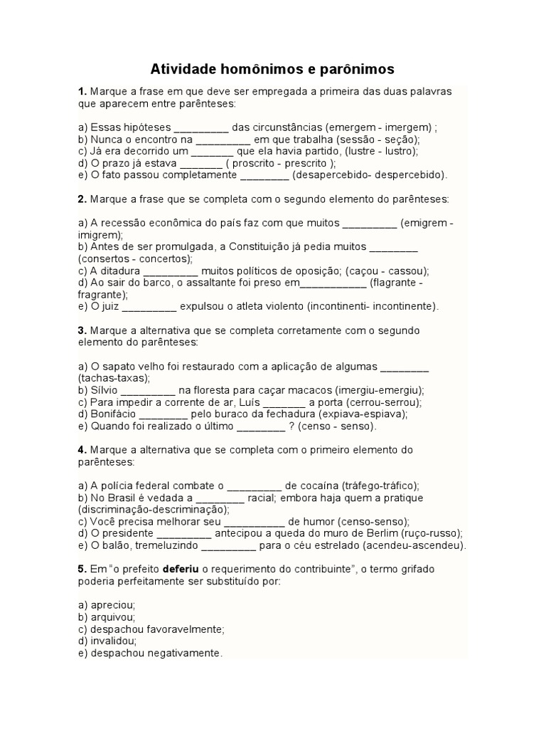 Atividade Homônimos e Parônimos | Download grátis PDF | Governo