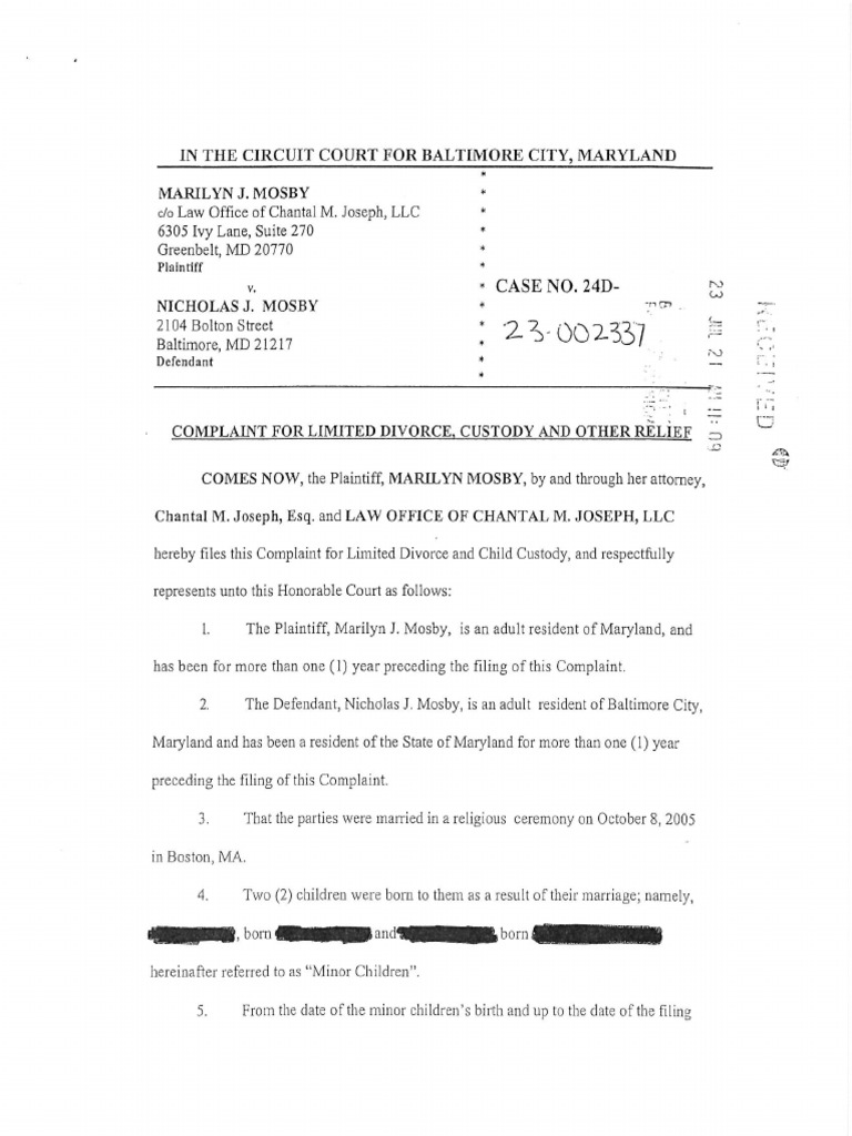 Complaint For Limited Divorce, Custody and Other Relief Marilyn J