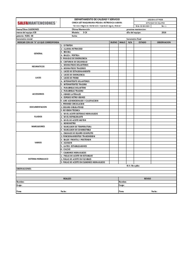 Check List Retroexcavadora | PDF | Coche | Transporte privado