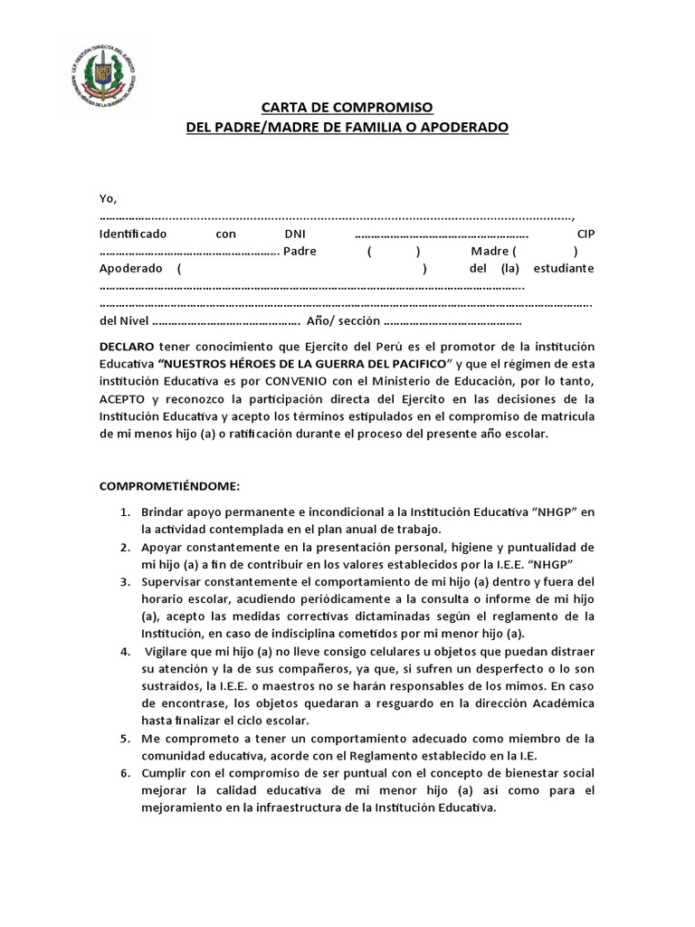 Carta de Compromiso Familiar Escolar | PDF | Derecho | Salud y bienestar