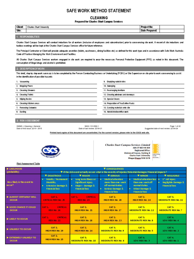 Swms Cleaning General Whs119 V002 2 Pdf Personal Protective