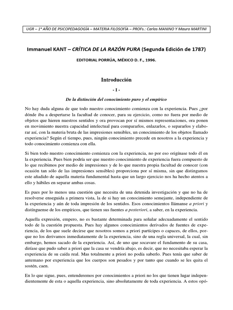 Kant Immanuel - Crítica de la razón pura (Selección) | PDF | A priori y ...