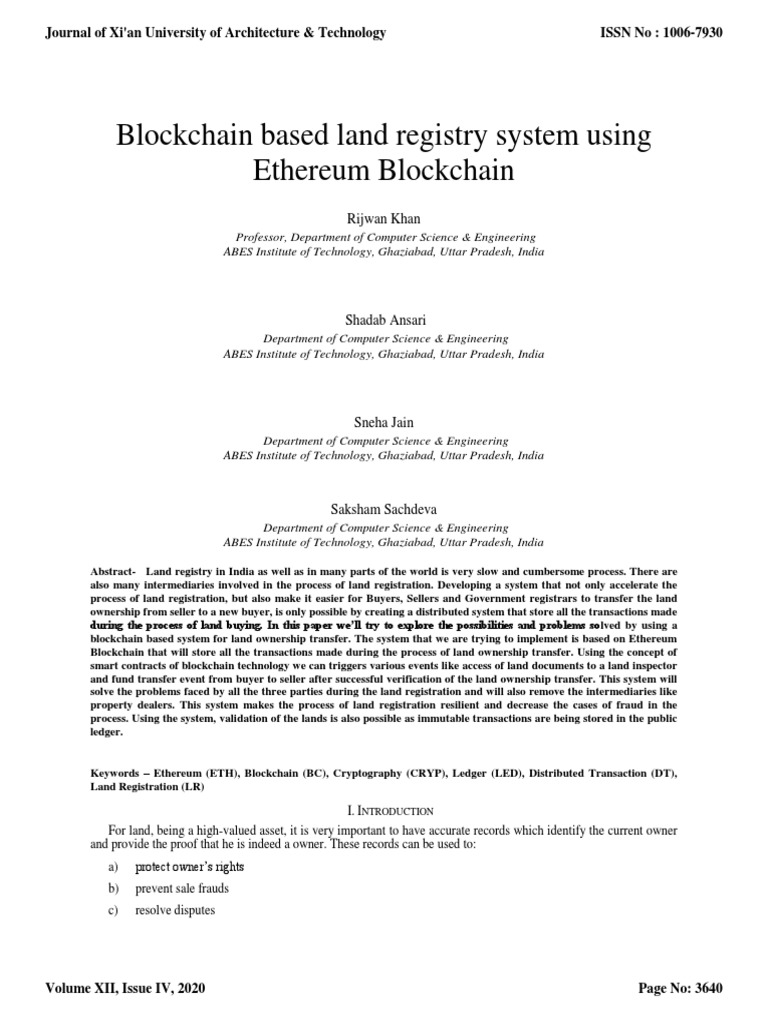 Blockchain Based Land Registry System Using Ethereum Bloackchain PDF