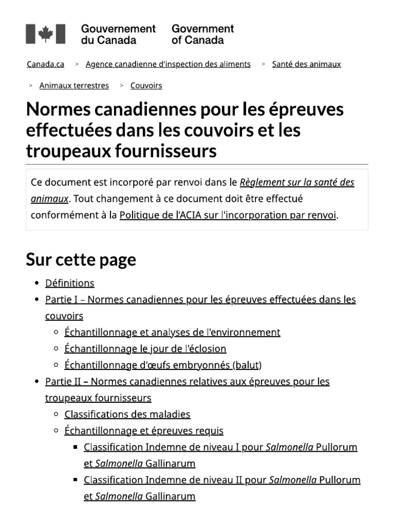 Normes Canadiennes Pour Les Épreuves Effectuées Dans Les Couvoirs Et ...