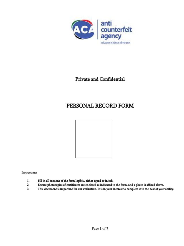 ACA Personal Record Form Kenya | PDF | Employment | Identity Document