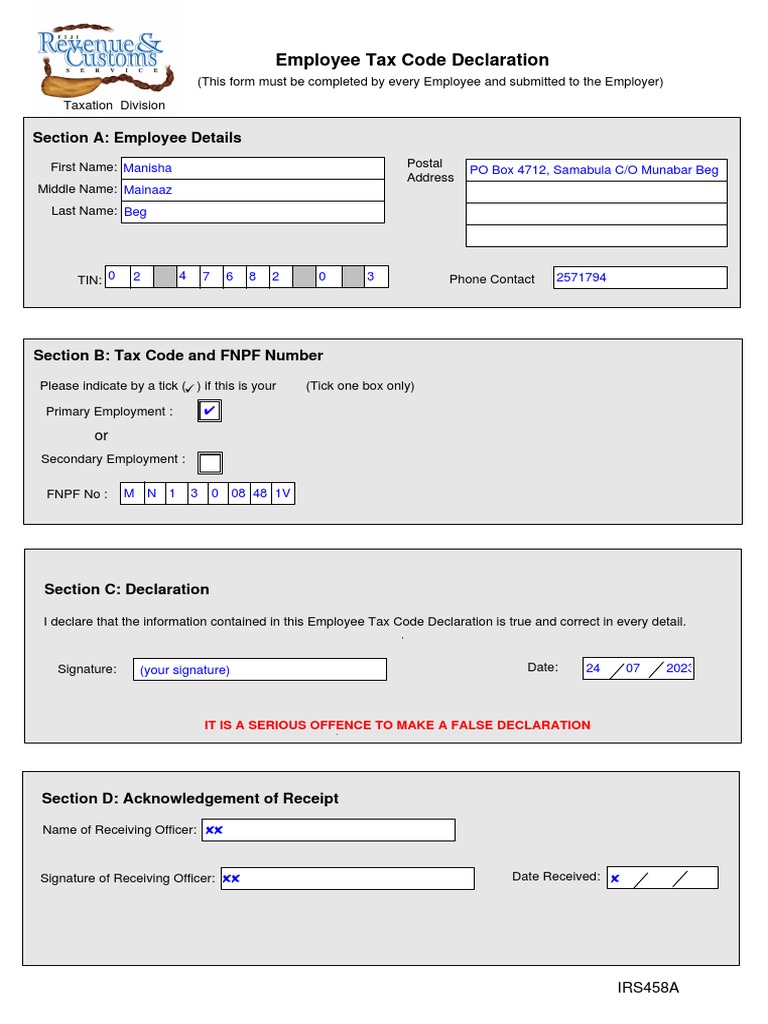 EmployeeTaxCodeDeclarationrevised PDF Editable PDF PDF