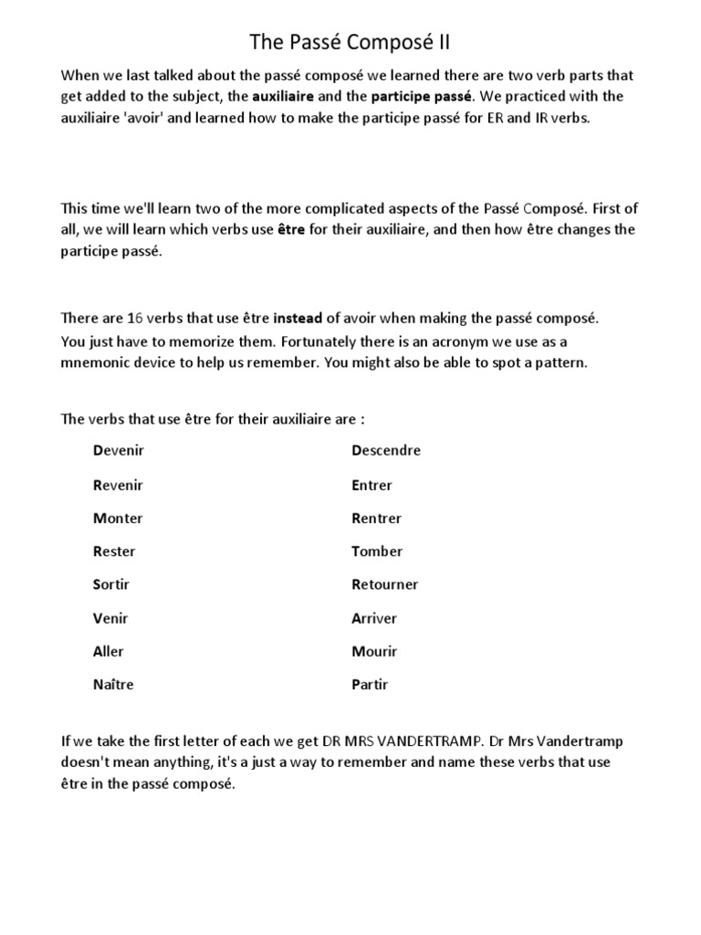 Passé Composé 2 Pdf Adjective Language Mechanics