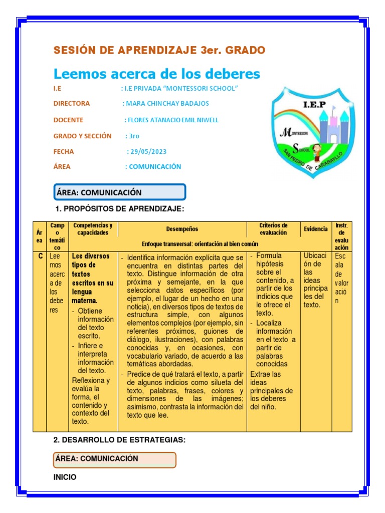 Sesión de Aprendizaje 3er - Grado Comunicacion 29 2023docx | PDF ...