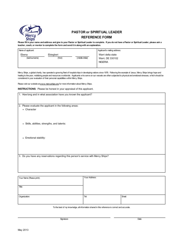 Pastoral Reference Form for Mercy Ships | PDF