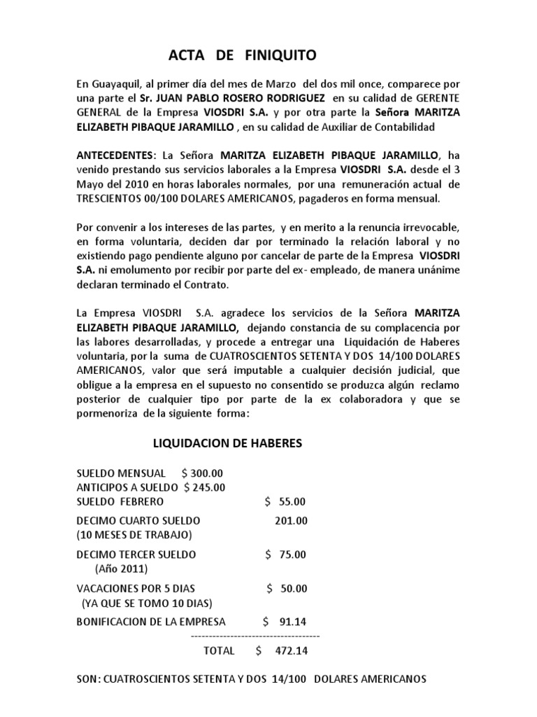 Ejemplo De Un Finiquito Laboral En Mexico Ejemplo Sencillo Images and