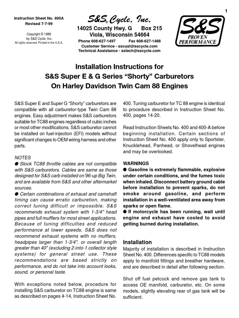 S&S Cycle (E&G) Carb Twincam88Engines 51 1013 PDF Carburetor Throttle