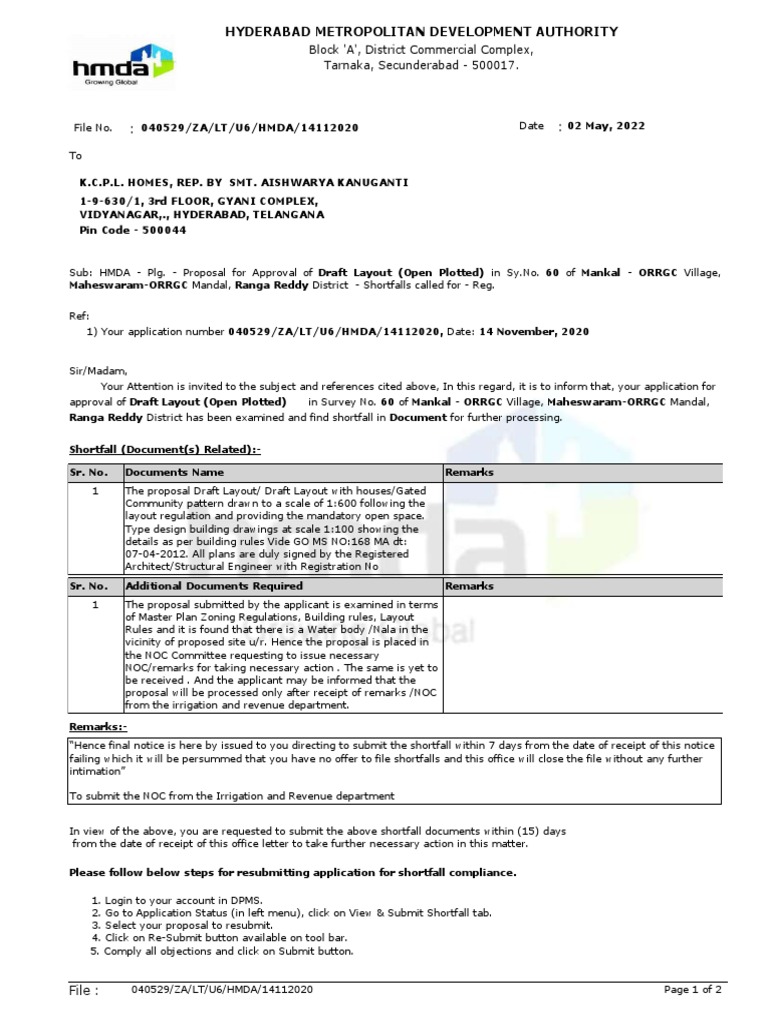 HMDA Shortfall Notice for Layout Approval | PDF