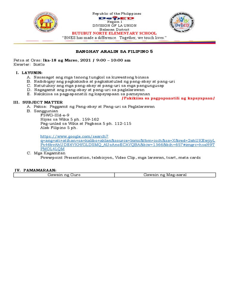 Demonstration Plan In Filipino 5 Jovelynllucio Pdf