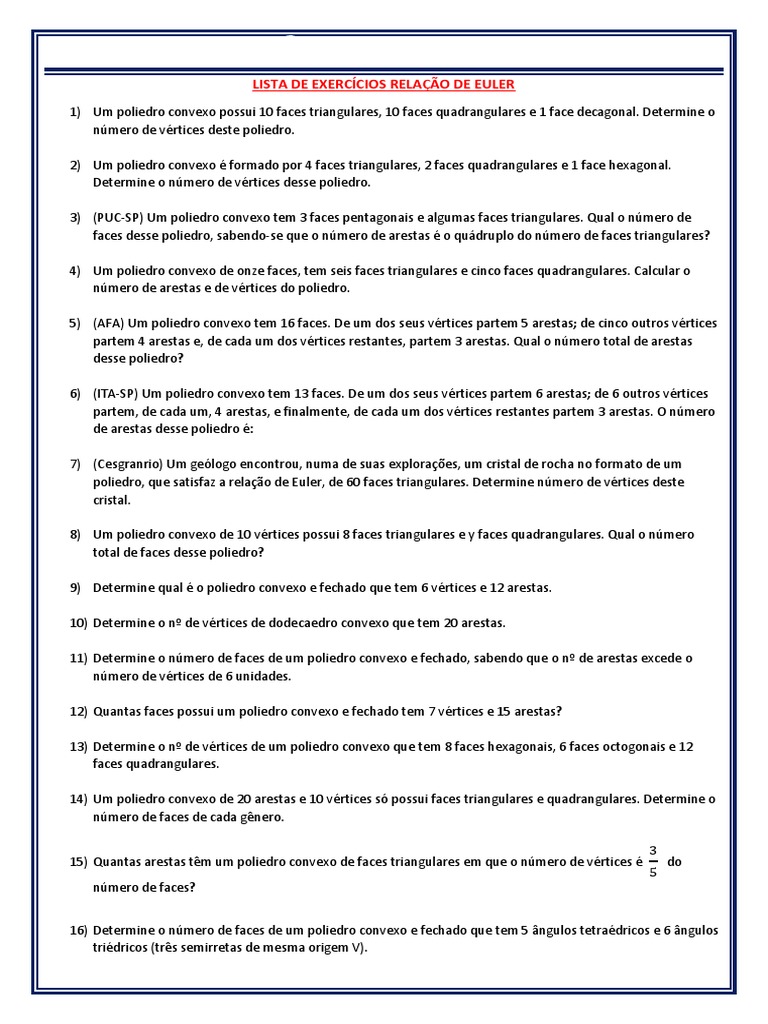 Lista de Exercícios: Relação de Euler | PDF | Vértice (Geometria ...