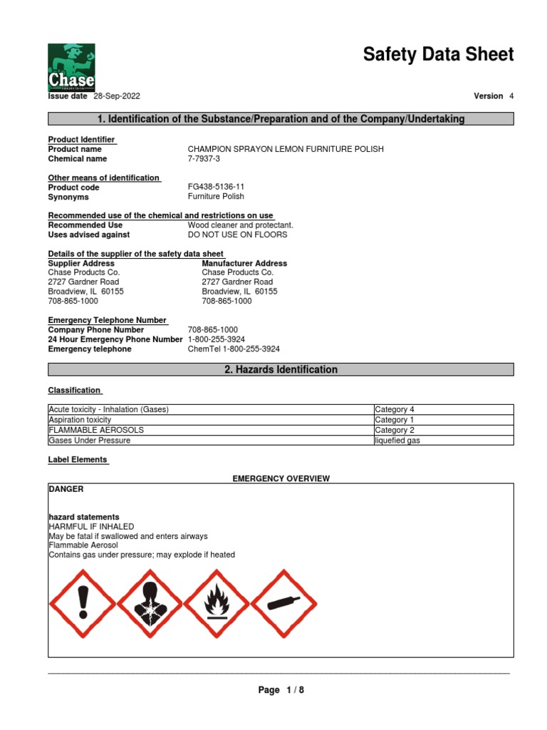 Sds cs lemon furniture polish pdf dangerous goods firefighting