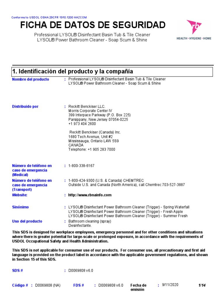 SDS LYSOL® Power Bathroom Cleaner PDF Occupational Safety And