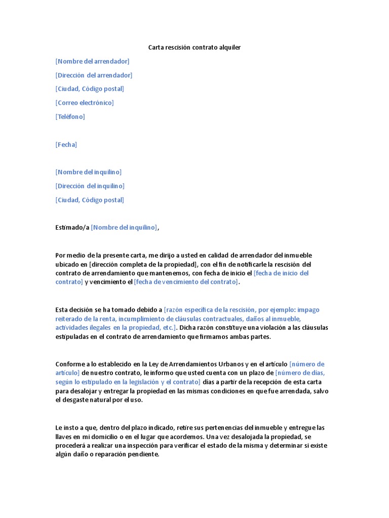 Modelo Carta Rescision Contrato Alquiler Echar Al Inquilino En Pdf