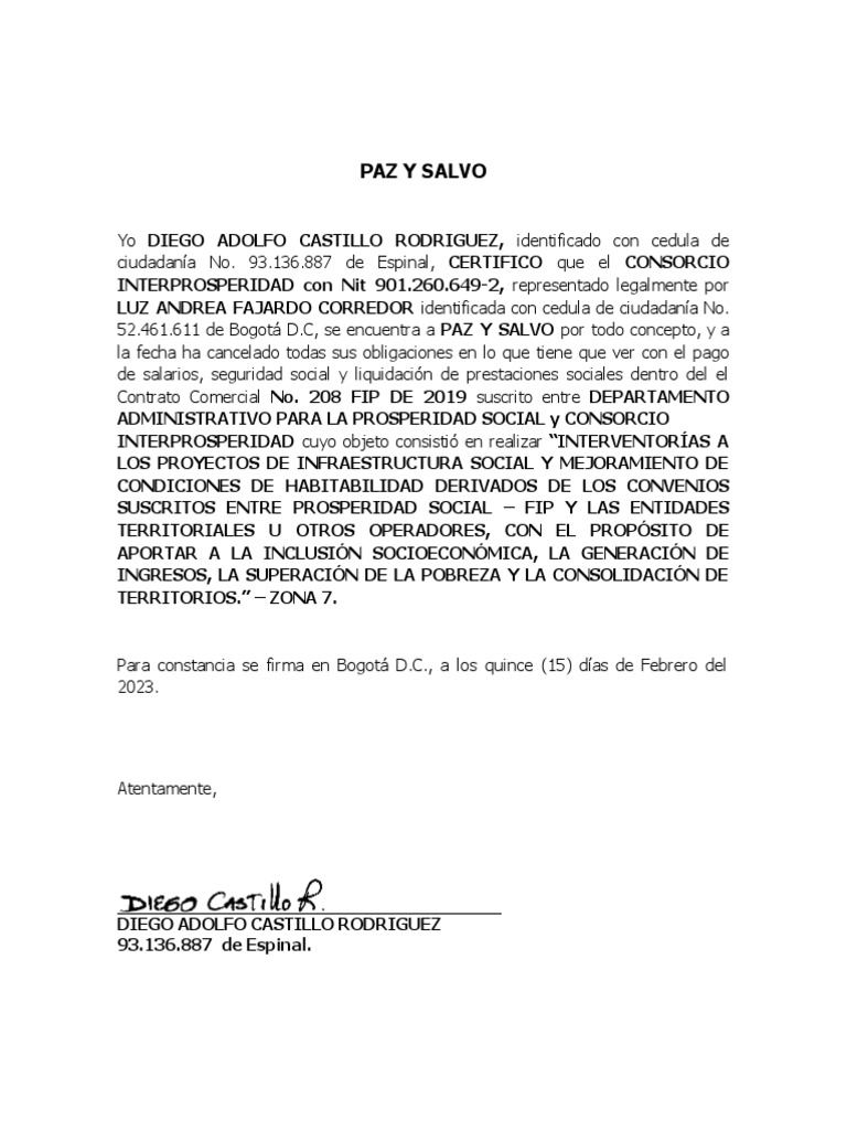Certificación de Paz y Salvo 2023 | PDF | Finanzas y dinero