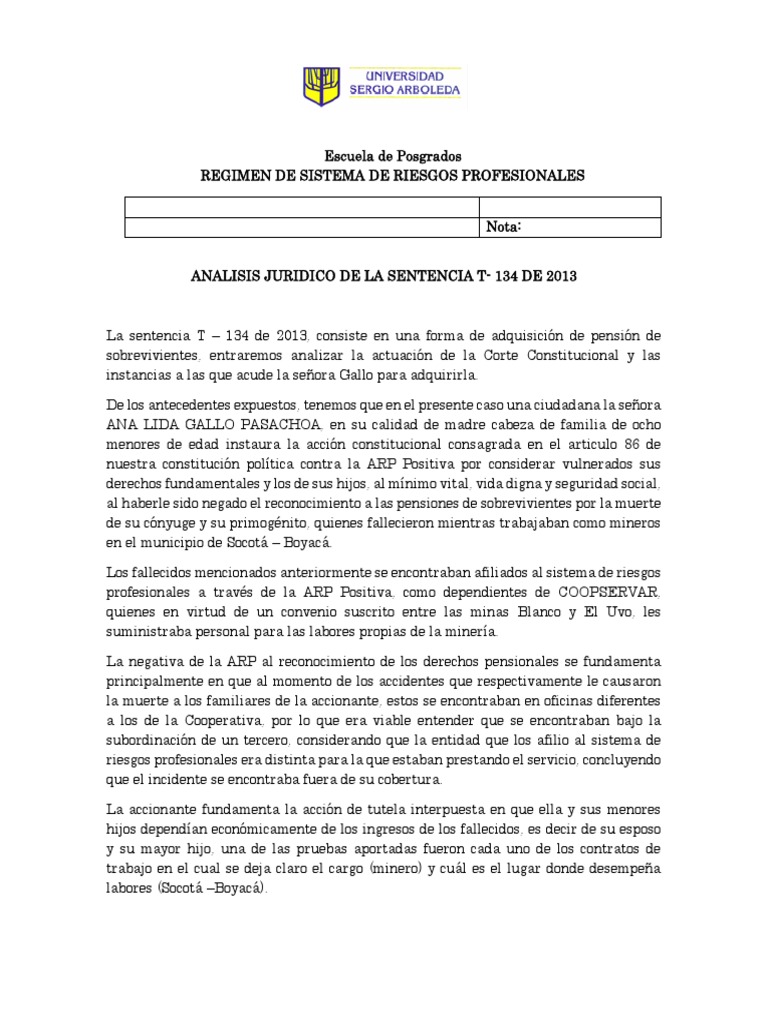Analisis Sentencia T - 134 de 2013 - YADY PAOLA SANCHEZ GONZALEZ | PDF