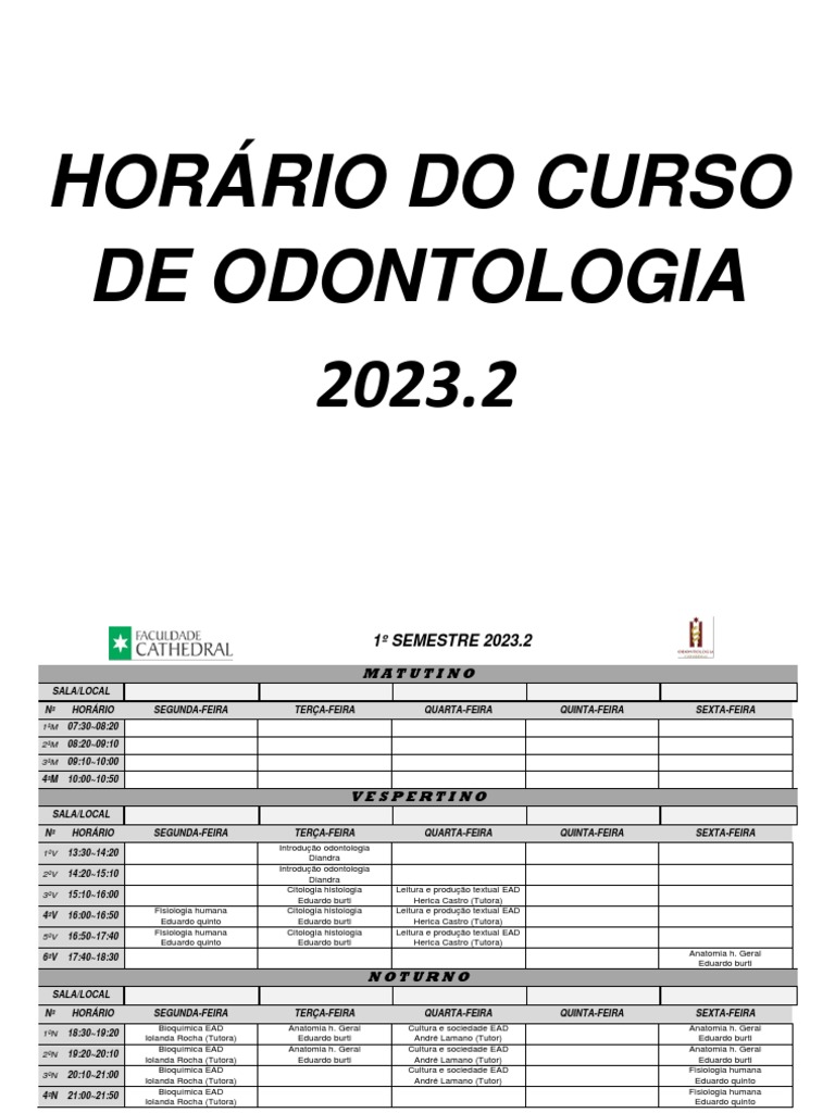 Horário do Curso de Odontologia 2023.2 | PDF | Medicina Clínica ...