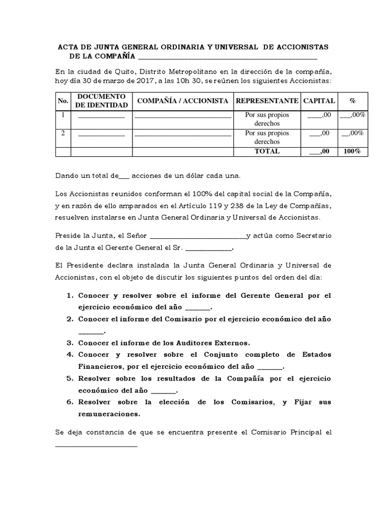 Acta de Junta General Ordinaria y Universal | PDF | Estado financiero ...