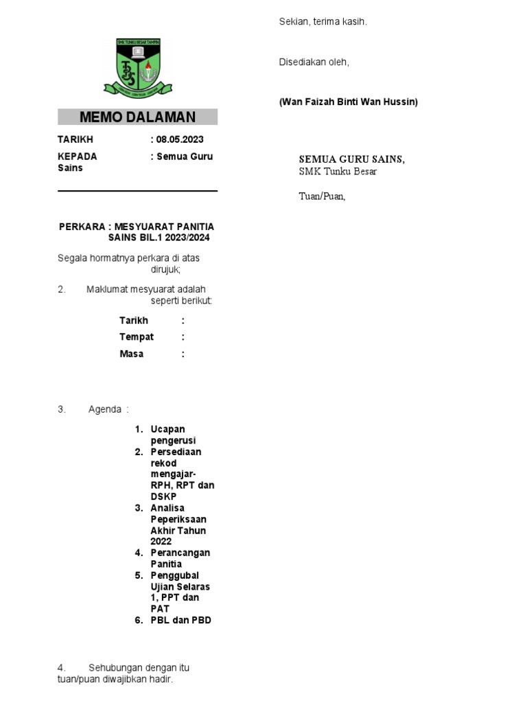 Memo Mesyuarat Guru Bil.1 | PDF