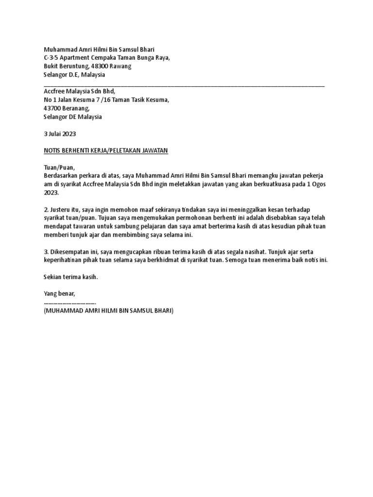 Surat Berhenti Kerja Pdf