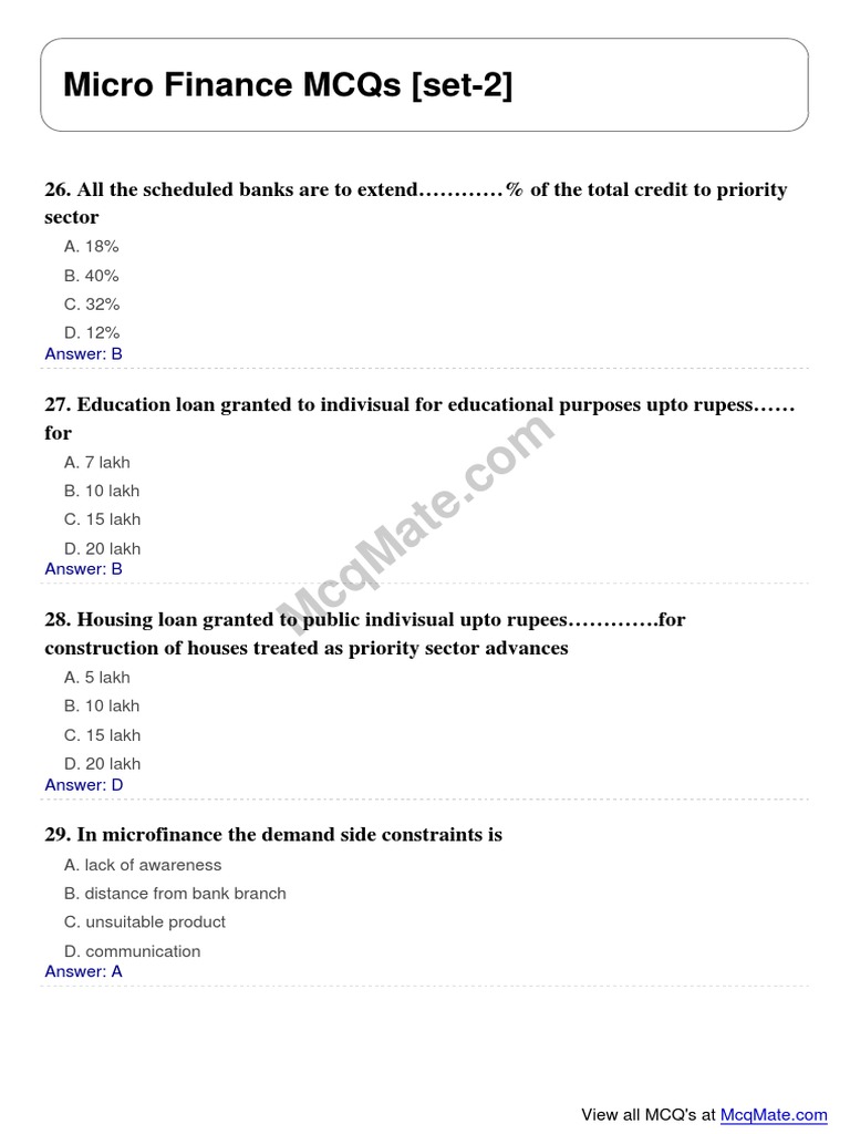Micro Finance MCQs Set 2 | PDF | Finance & Money Management