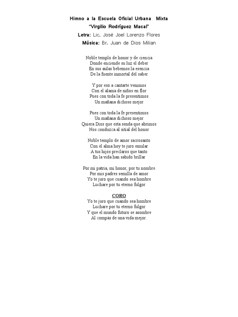 Himno a la Escuela Oficial Urbana | PDF