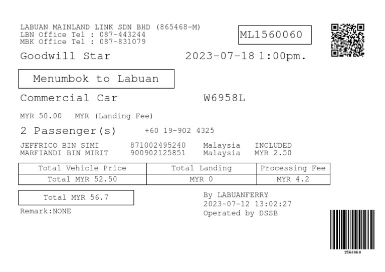 TICKET Menumbok To Labuan 18 JULY | PDF