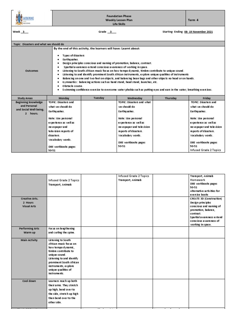 Grade 3 Life Skills Lesson Plan Term 4 | PDF | Experience | Cognition