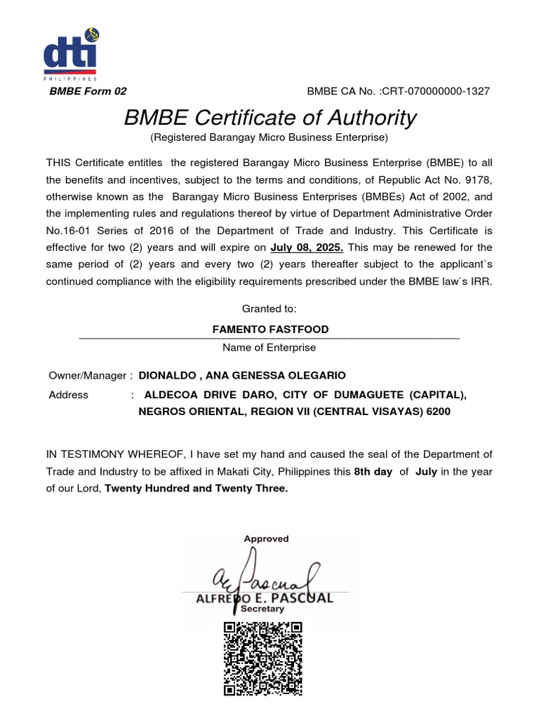 BMBE Certificate for Famento Fastfood | PDF