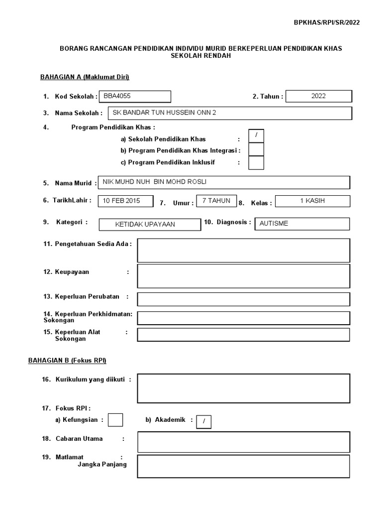 Borang Rpi Rendah Nuh | PDF